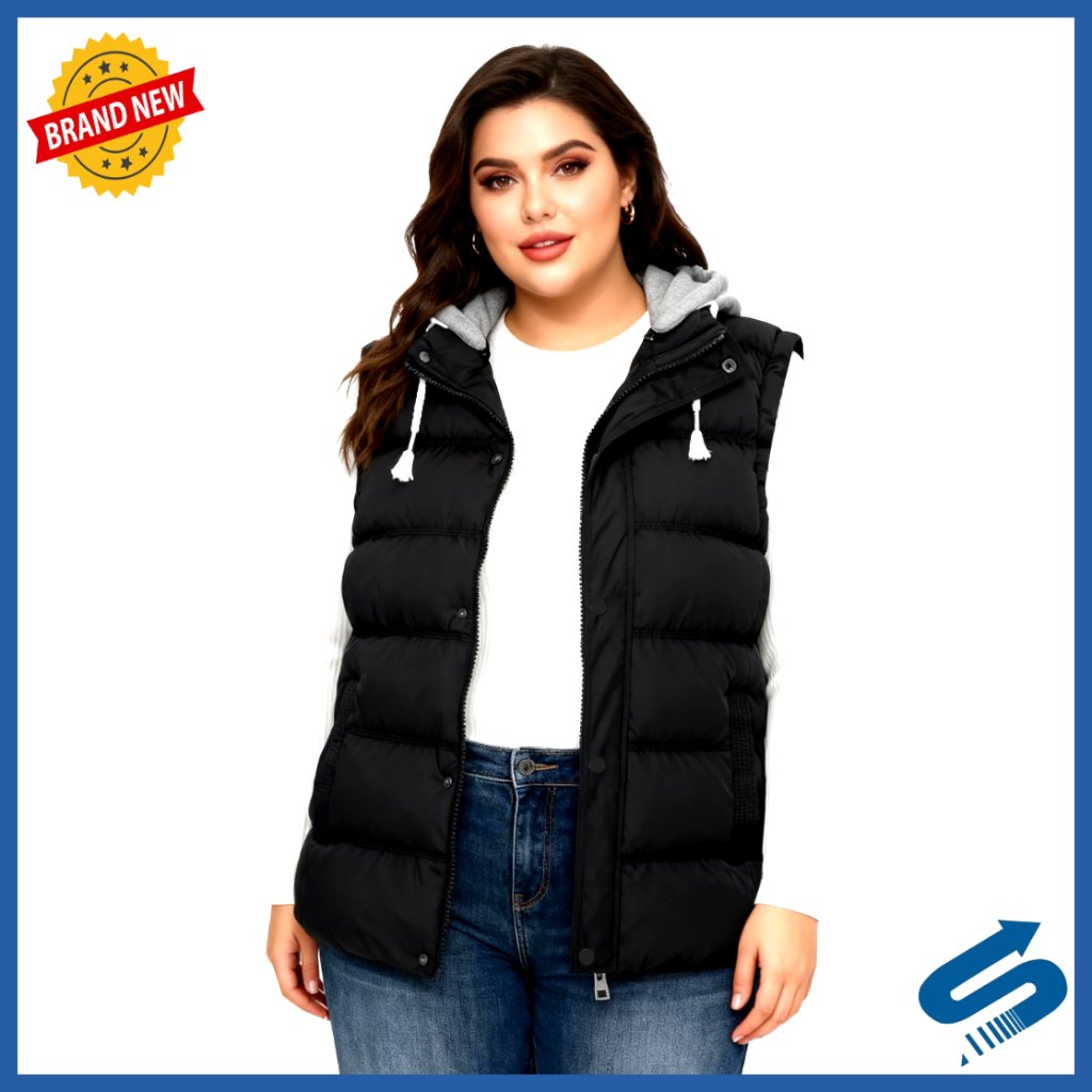 Plus Size Puffer Vest With Removable Hood, Quilted Winter Vest